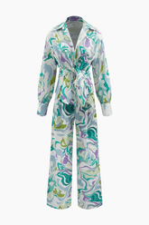 Marble Print Shirt And Full-length Pants Set